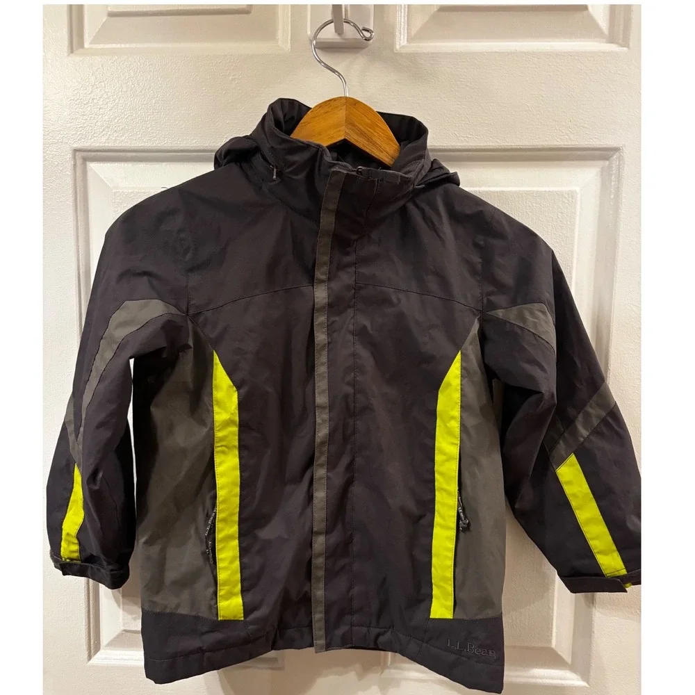 LL Bean Kids Rain Jacket Gray Lime Green Hooded Full Zip Coat Reflective SZ 5-6